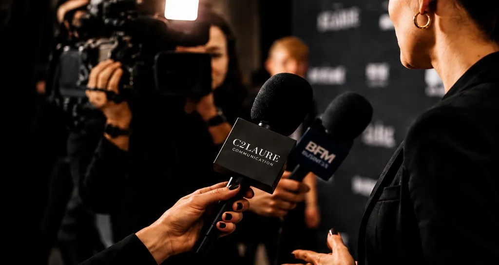 Laure Rebois during a media appearance with a C2Laure microphone
